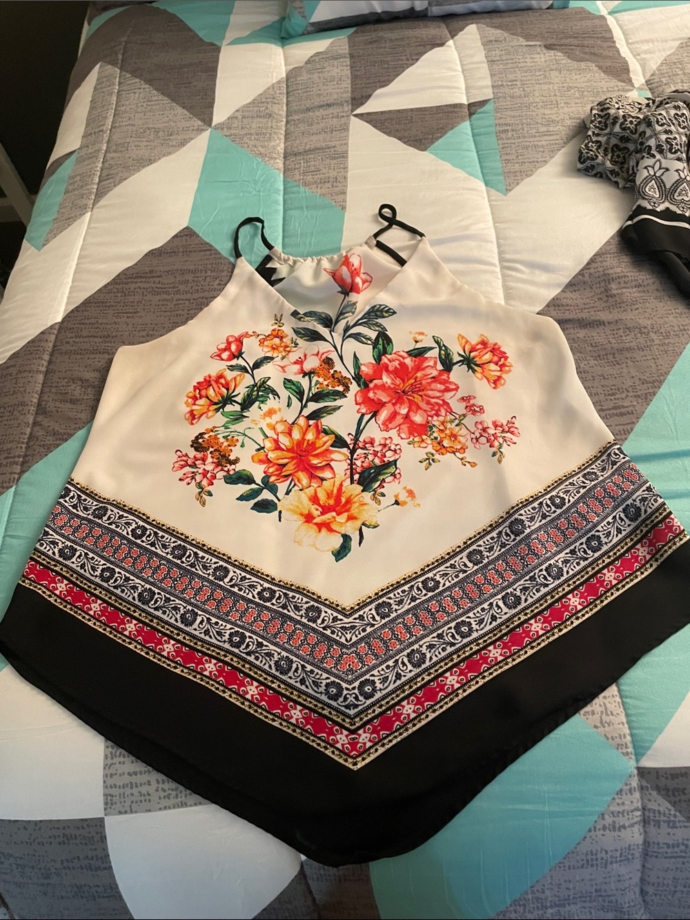 Iz Byer Cream Halter Top with Orange & Red Floral Print and Navy Border